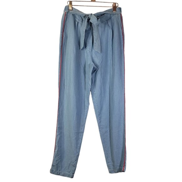 Paulmark Blue Chambray Red Side Stripe Tie Waist Paperbag Pants 6 - Picture 1 of 12